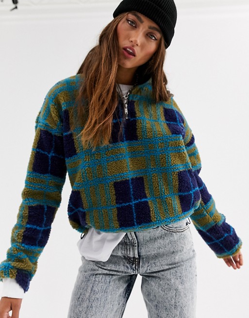 Noisy May teddy sweater with zip neck detail in green check