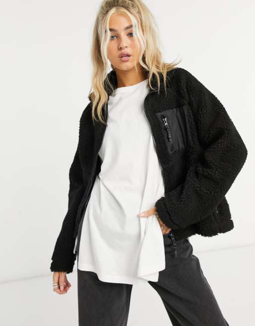 Sikker Uforglemmelig meditativ Noisy May teddy zip through jacket in black | ASOS