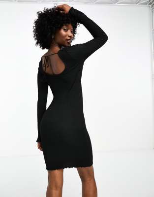 Noisy May Textured Bell Sleeve Scoop Back Dress In Black-white