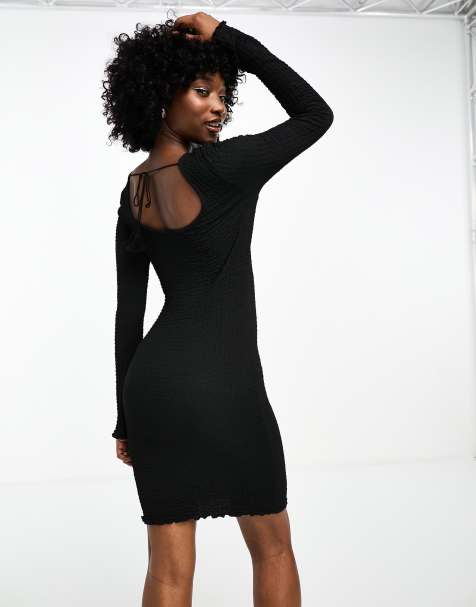 Noisy May textured bell sleeve scoop back dress in black - view 1