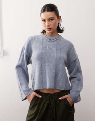 textured knit sweater in gray blue