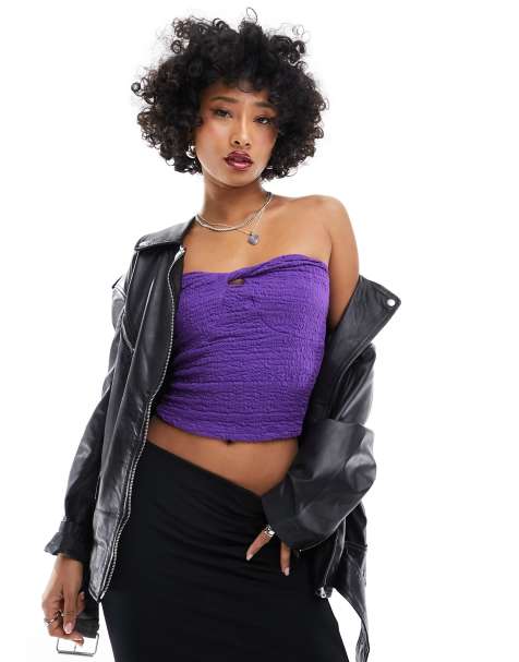 Noisy May textured tube top with tie detail in purple - view 1