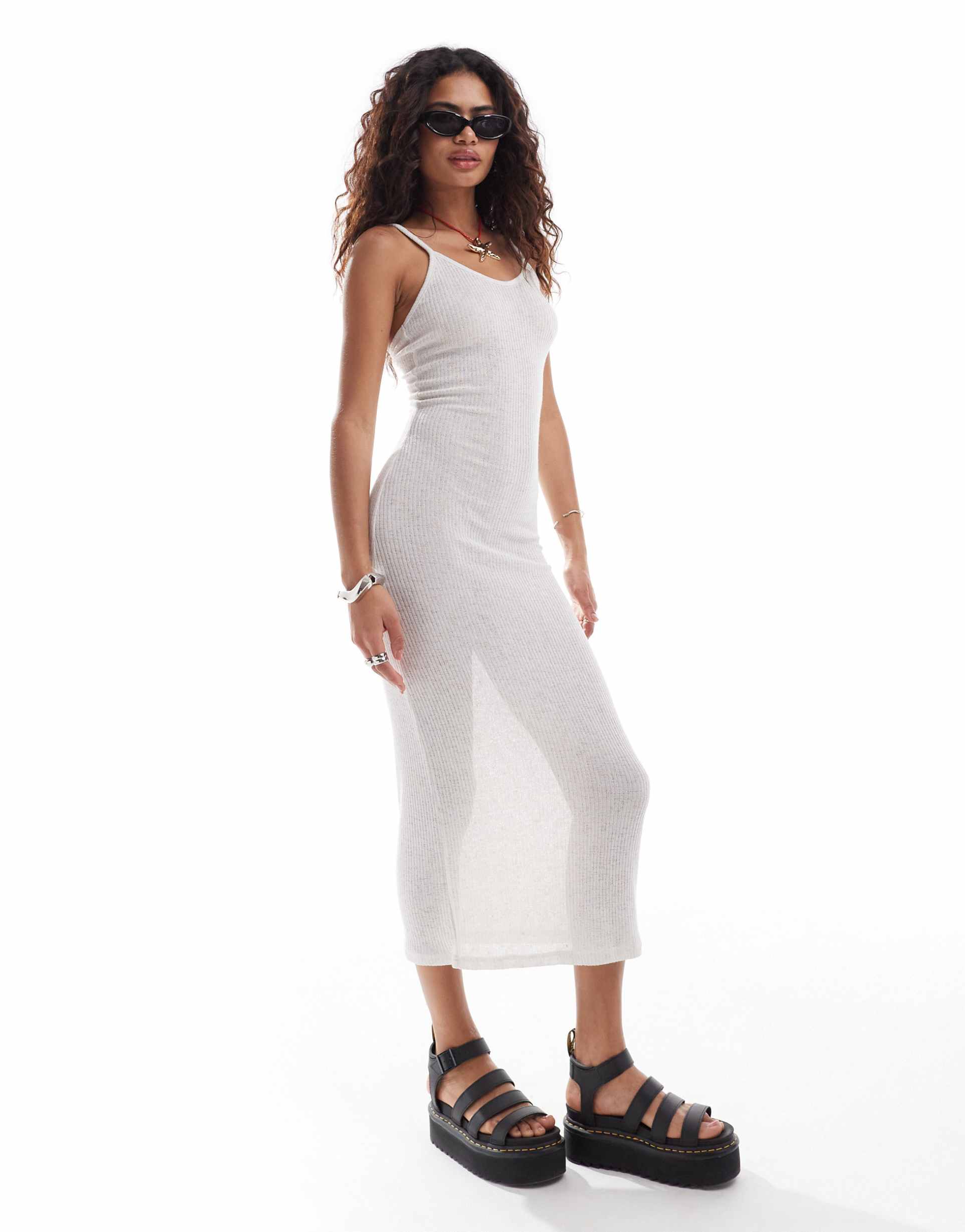 noisy may tie back open knit maxi dress in off white