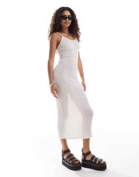 Noisy May tie back open knit midaxi dress in off white   - view 1