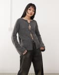 [Noisy May] Noisy May tie detail reversible jumper in charcoal-Grey XS Dark Grey Melange