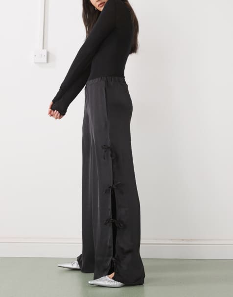 Noisy May tie detail satin pants in black - view 1