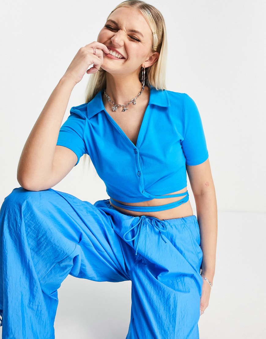Noisy May tie detail t-shirt co-ord in bright blue