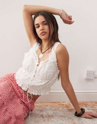 tie front broderie top in white