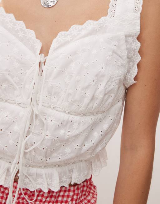 Noisy May tie front broderie top in white