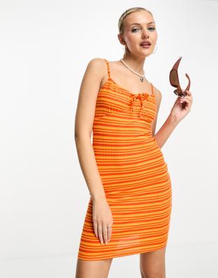 Noisy May Tie Front Cami Mini Dress In Orange Stripe