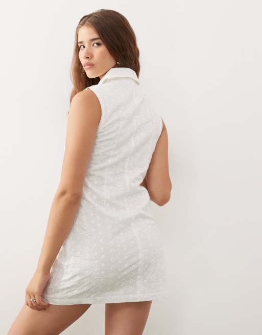 Noisy May tie front eyelet polo mini dress in white, 4 of 4