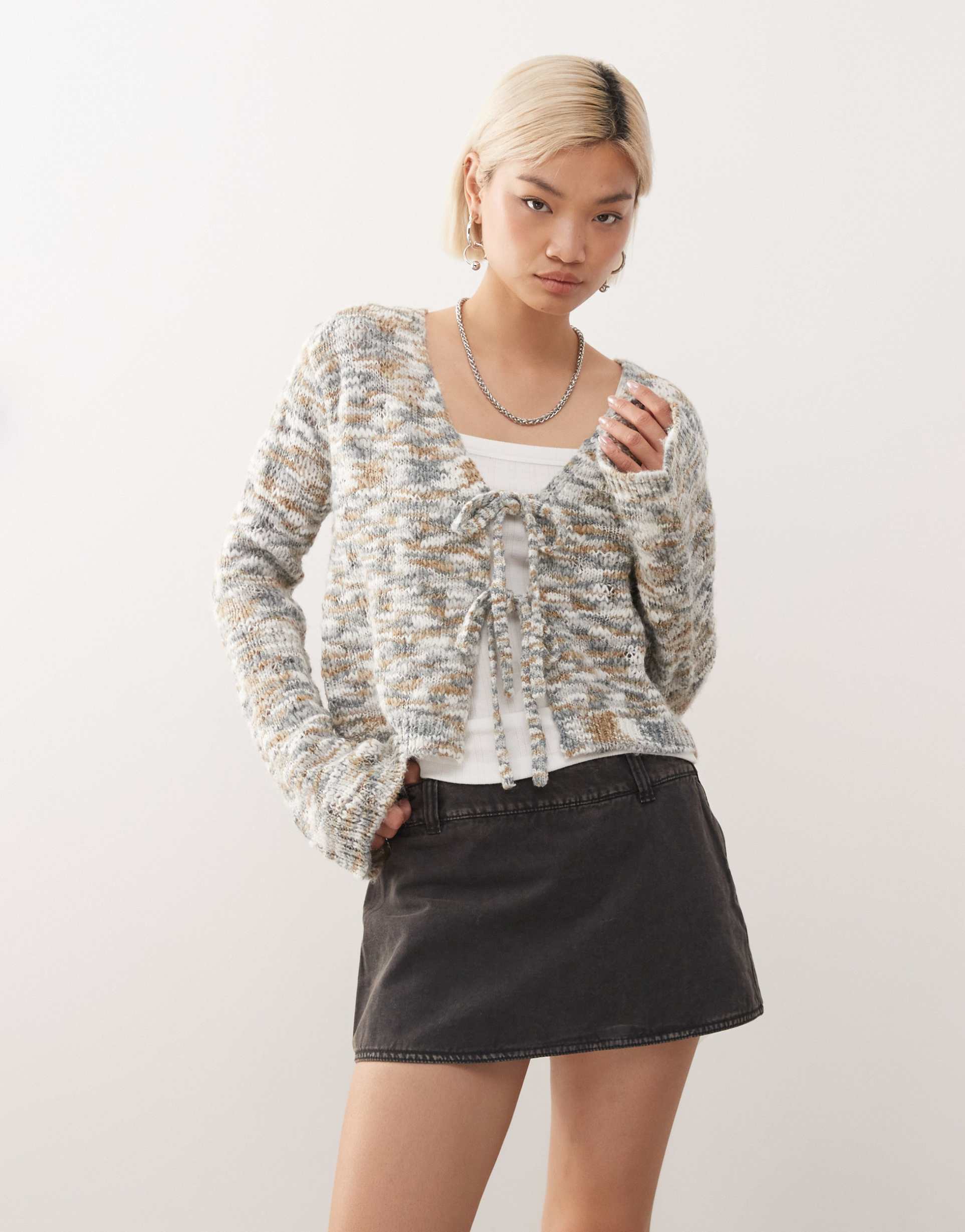 noisy may tie front knit cardigan with bell sleeves in multi texture gray