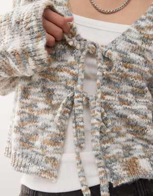 Noisy May Tie Front Knit Cardigan With Bell Sleeves In Gray