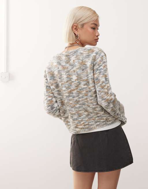 Noisy May tie front knitted cardi with bell sleeve in multi texture grey, 4 of 4