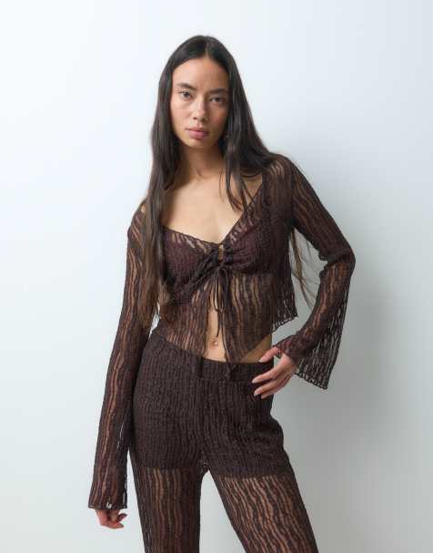 Noisy May tie front lace top co-ord in brown - view 1