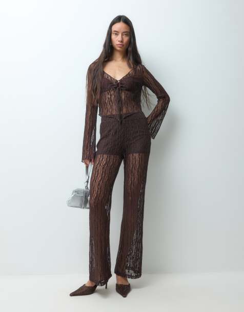 Noisy May tie front lace top & lace trouser co-ord in brown - view 1