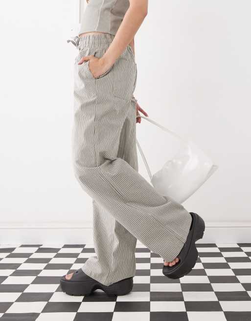 Noisy May tie front wide leg pants in gray stripes, 2 of 5