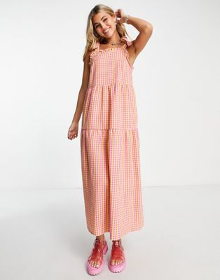 Noisy May tie shoulder tiered maxi dress in pink & yellow gingham