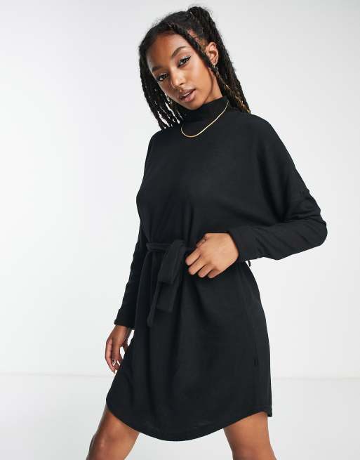 Black High Neck Long Sleeve Tie Waist Mini Dress