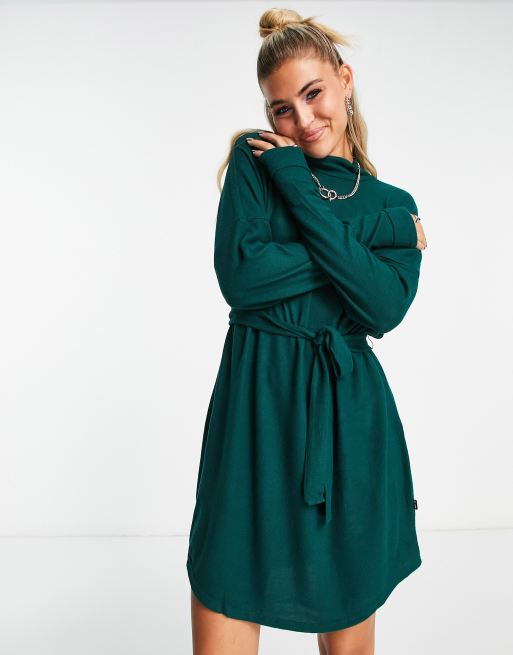 Noisy May tie waist high neck knitted mini dress in dark green | ASOS