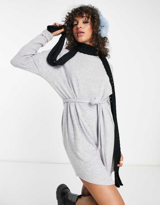 Noisy May tie waist high neck knitted mini dress in light grey, 2 of 4