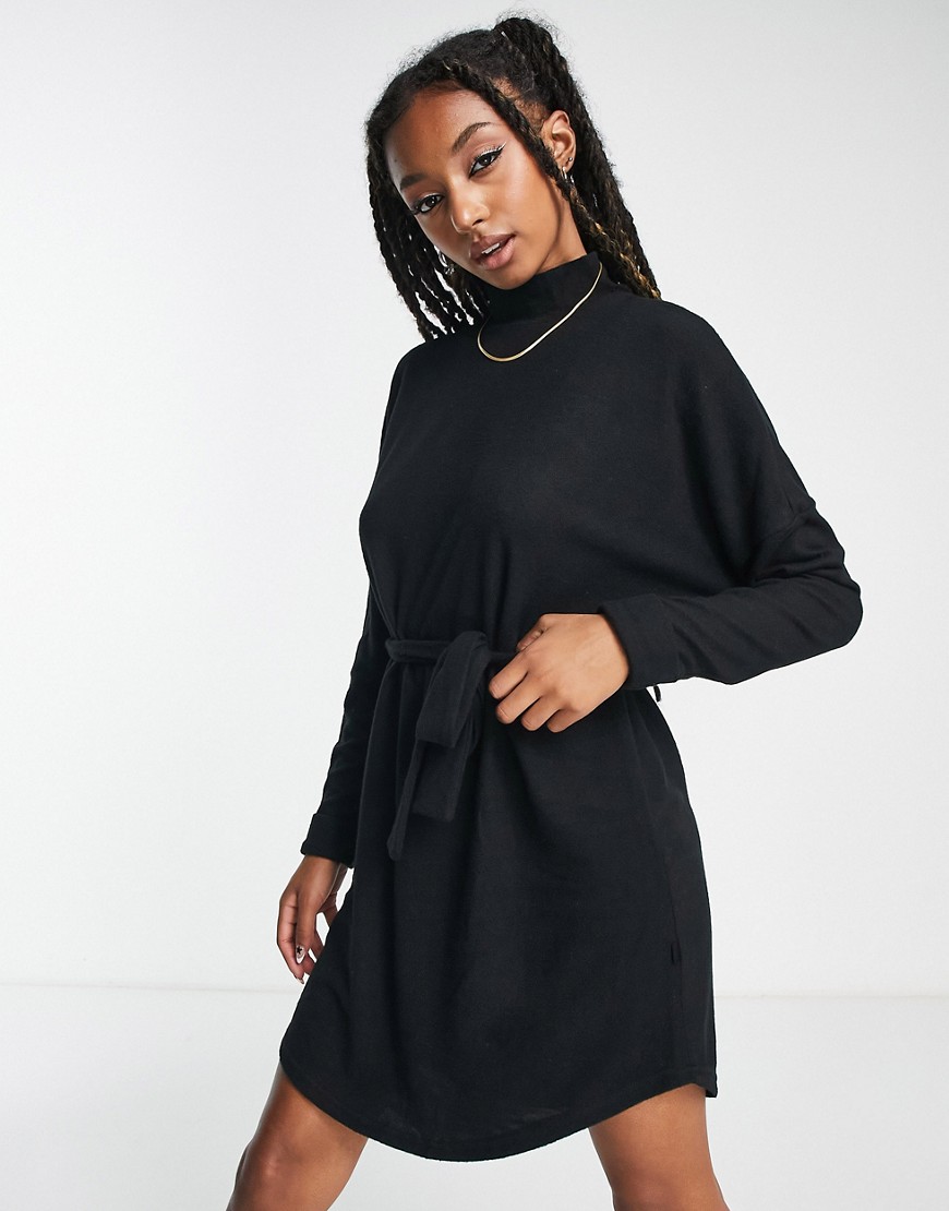 Noisy May tie waist high neck knitted mini jumper dress in black