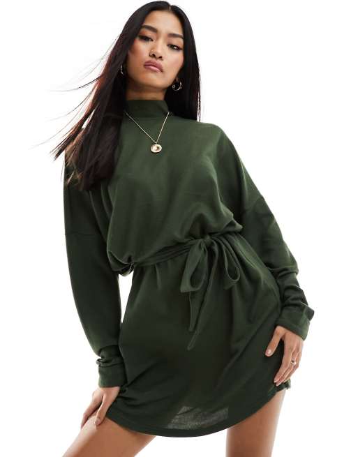 Noisy May tie waist high neck knitted mini jumper dress in dark green