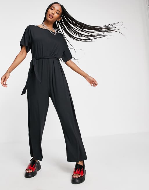 Topshop jersey long sleeve jumpsuit in black