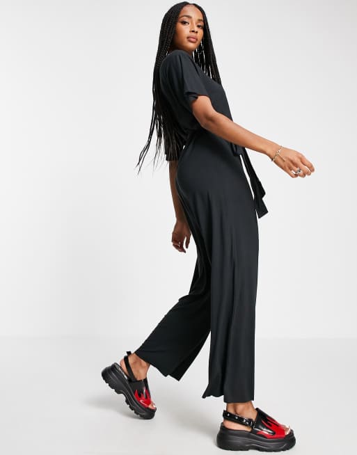 Topshop jersey long sleeve jumpsuit in black