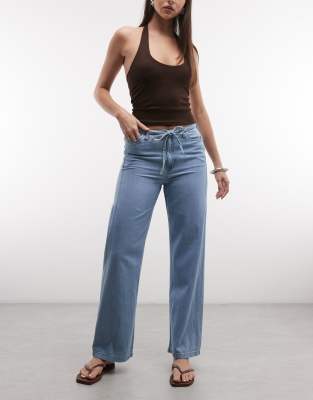 Noisy May tie waist wide leg pants in light blue denim