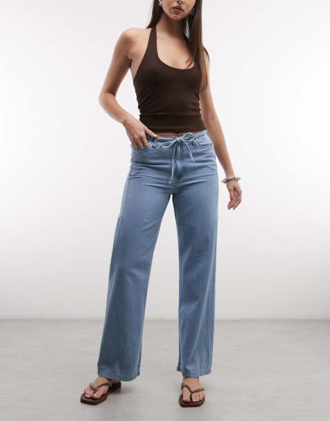 Noisy May tie waist wide leg pants in light blue denim - view 1