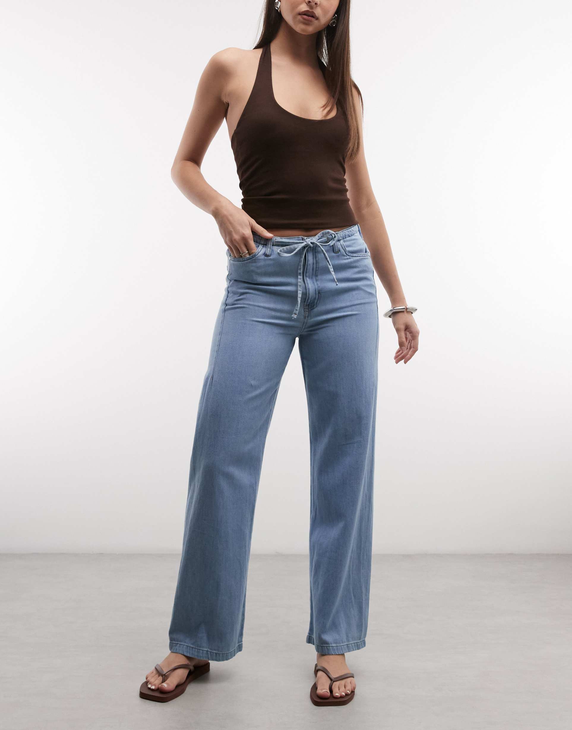 noisy may tie waist wide leg pants in light blue denim