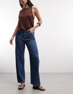 Noisy May tie waist wide leg pants in mid blue denim medium blue denim 12590₽