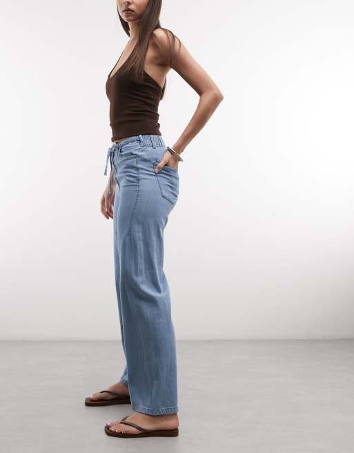 Noisy May tie waist wide leg trouser in light blue denim, 2 of 5
