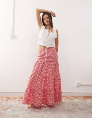 tiered maxi skirt in red gingham