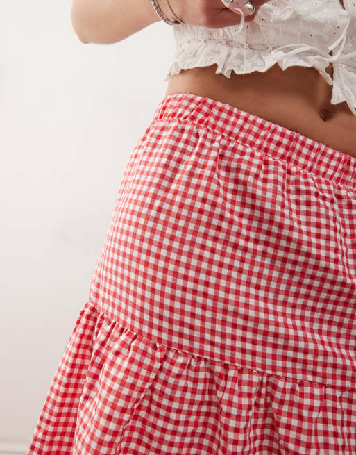 Noisy May tiered maxi skirt in red gingham, 3 of 5
