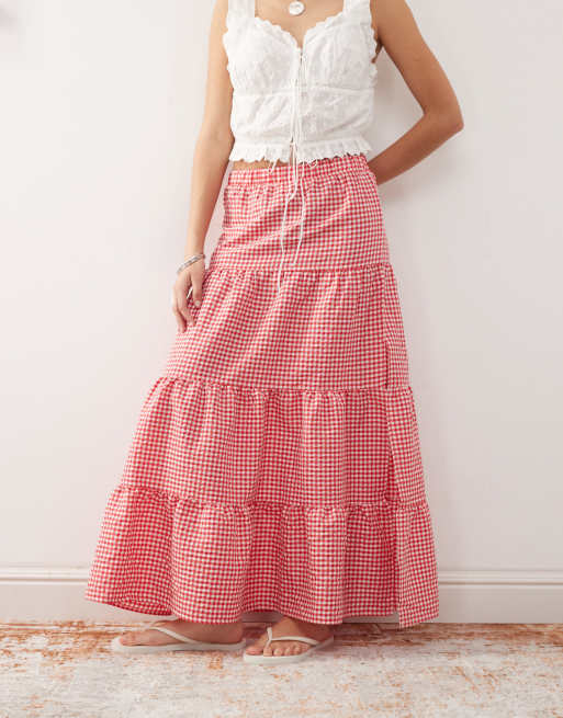 Noisy May tiered maxi skirt in red gingham, 5 of 5