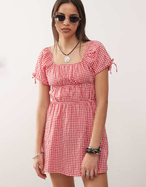 Noisy May tiered mini dress in red gingham - view 1