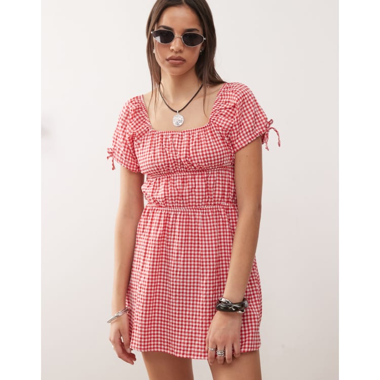 Noisy May tiered mini dress in red gingham | ASOS