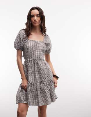 Noisy May tiered seersucker mini dress with open tie back in chocolate gingham chocolate brown 13290₽