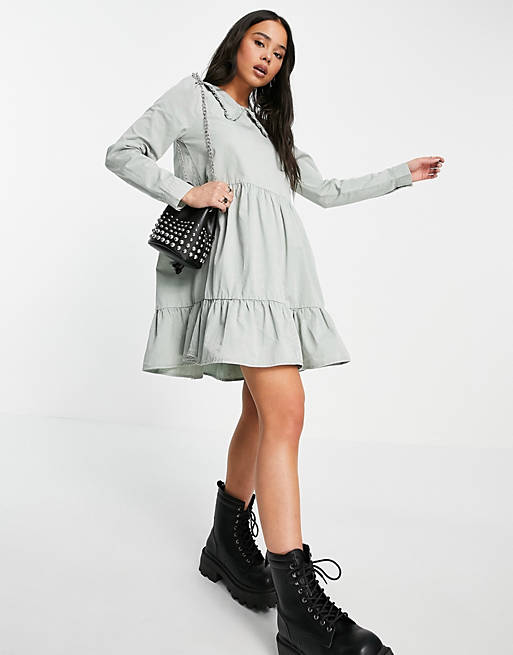 Noisy May tiered smock dress with prairie collar in slate grey