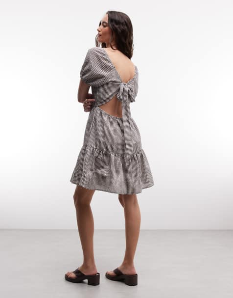 Noisy May tirered seersucker mini dress with open tie back in chocolate gingham - view 1