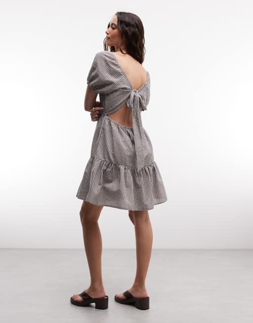 Noisy May tirered seersucker mini dress with open tie back in chocolate gingham, 2 of 4