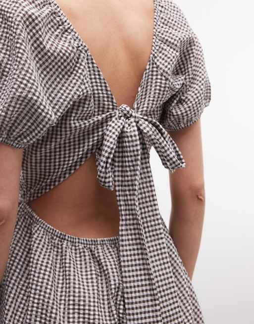 Noisy May tirered seersucker mini dress with open tie back in chocolate gingham, 3 of 4