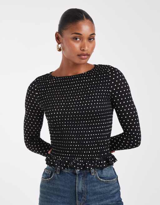 Noisy May top a maniche lunghe con dettaglio arricciato a pois neri, 1 di 8