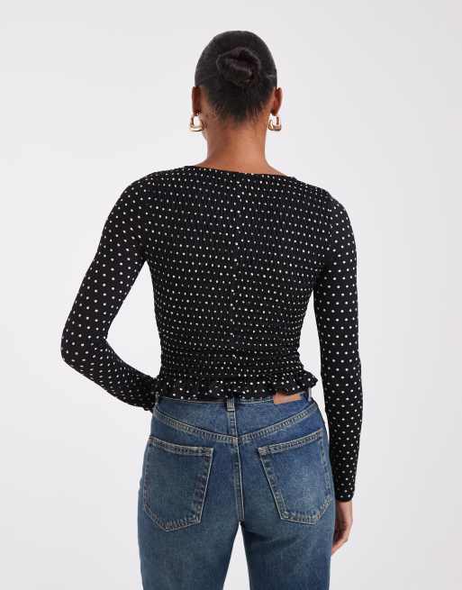 Noisy May top a maniche lunghe con dettaglio arricciato a pois neri, 4 di 8