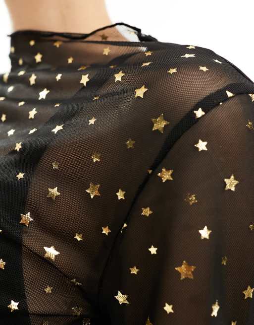 Noisy May - Top accollato a maniche lunghe in rete nera con stelle color oro, 3 di 4