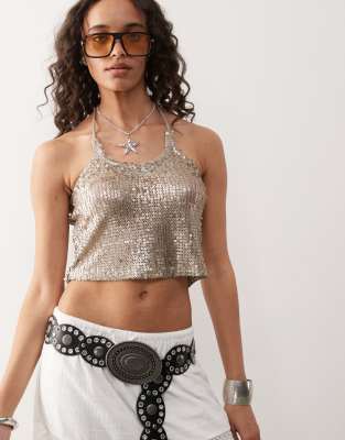 Noisy May - Top allacciato al collo in paillettes color oro - view 1