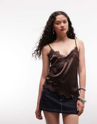 Top asymétrique en satin avec ourlet en dentelle - Marron chocolat XL