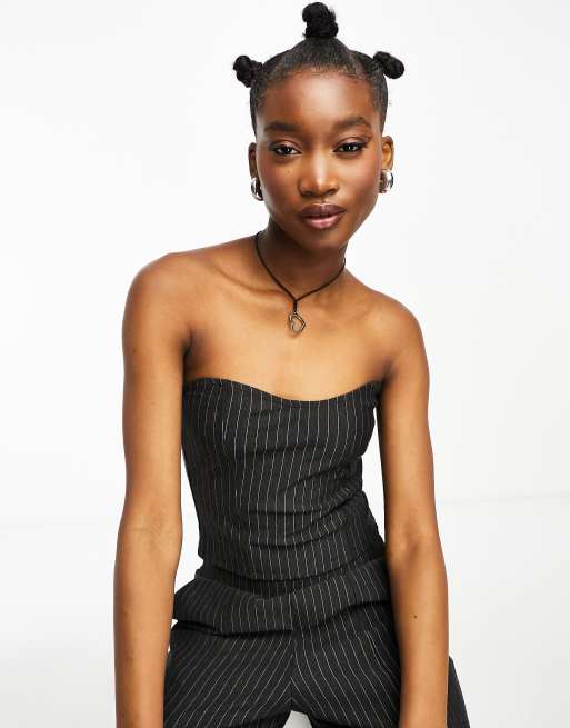 Noisy May - Top bandeau d'ensemble à décolleté en cœur et fines rayures - Gris